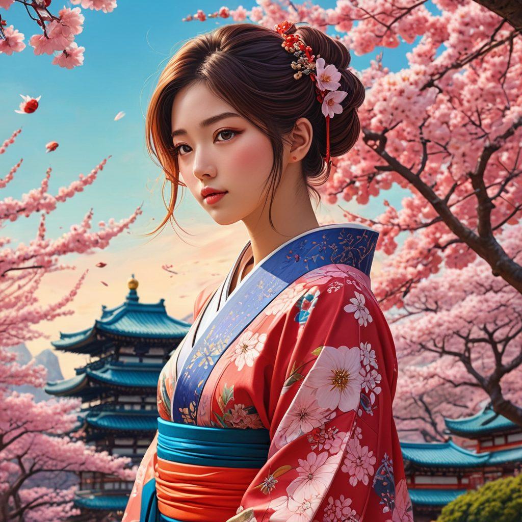 A captivating collage of vibrant adult anime and manga scenes showcasing diverse characters with striking expressions, set against a dreamy, colorful background that blends fantasy and sensuality. Include elements of Japanese culture such as cherry blossoms and traditional patterns to enhance the allure. The composition should invite intrigue and curiosity while balancing artistic style and tastefulness. super-realistic. vibrant colors. cinematic lighting.