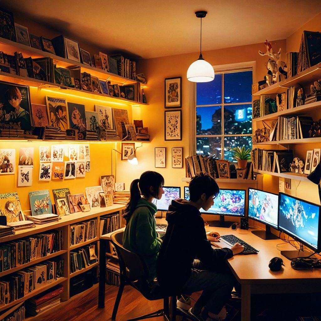 A vibrant scene depicting a diverse group of anime enthusiasts in a cozy room filled with anime posters, figurines, and manga. Some members are engaged in animated discussions, while others are sketching or browsing through an anime catalog. Soft, warm lighting creates an inviting atmosphere, showcasing their passion for adult animation. Include elements like comic books and a laptop with an animation software open. super-realistic. vibrant colors. cozy interior.
